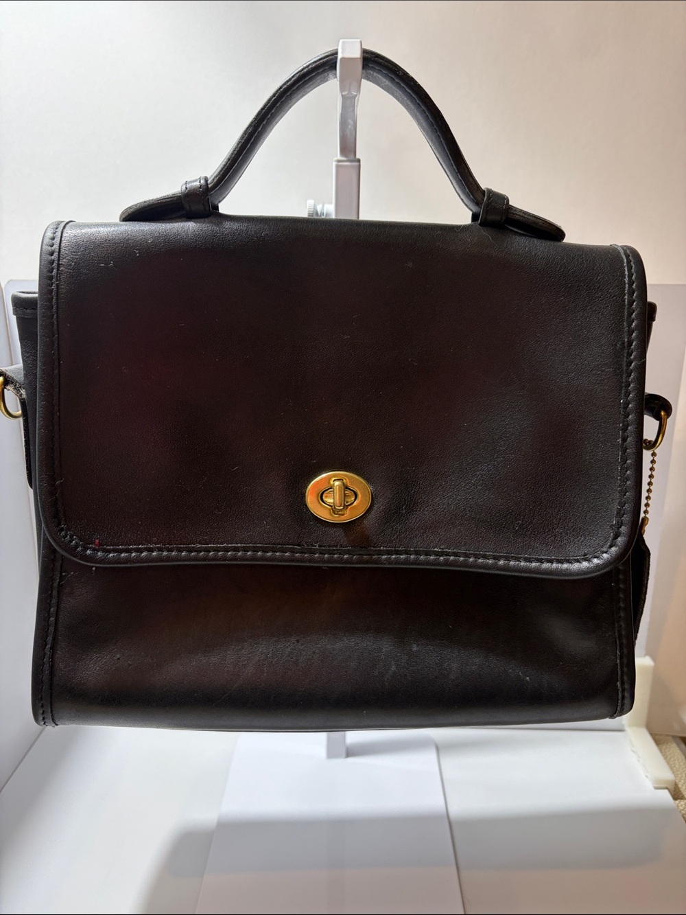 Vintage 90’s Coach Black Leather Top-Handle Shoulder Bag with Gold Turn-Lock